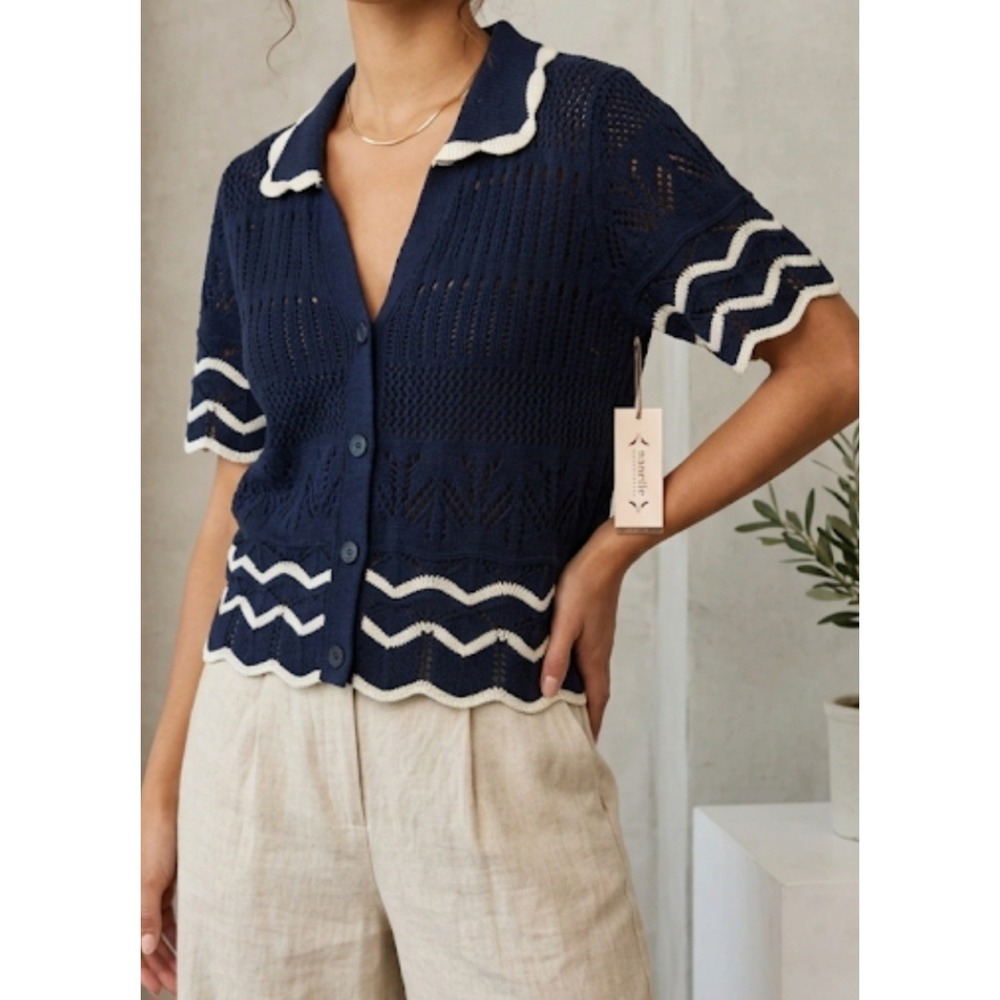 Nanette Lepore Womens Short Sleeve Buttoned Down Sweater Color Navy/Cream...
